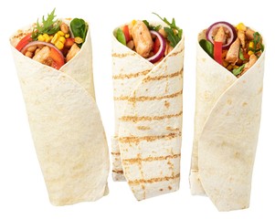 Tortilla wrap with fried chicken meat and vegetables isolated on white background - obrazy, fototapety, plakaty
