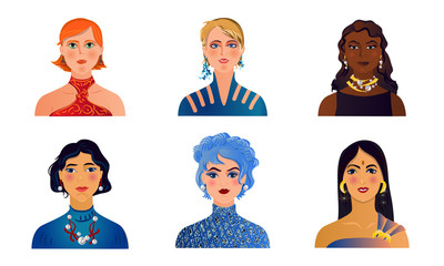 Faces of women of different nationalities and complexion vector illustration