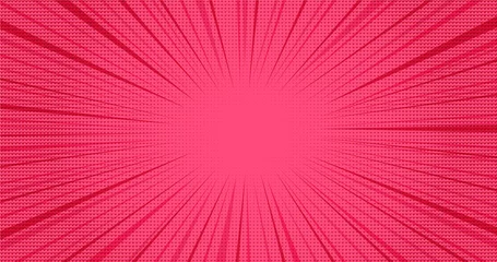 Poster Bright pink retro comic speech background with halftone hearts effect. Lovely red texture with heart shapes shadow and stripes in pop art style for St. Valentines day greeting cards design, banner © Tatahnka