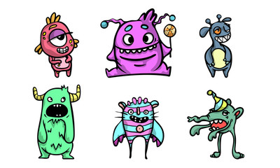 Obraz premium Cute funny colorful fictional monster characters vector illustration