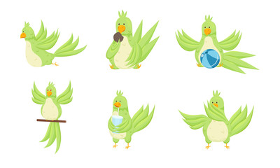 Cute funny green exotic parrots enjoying life vector illustration