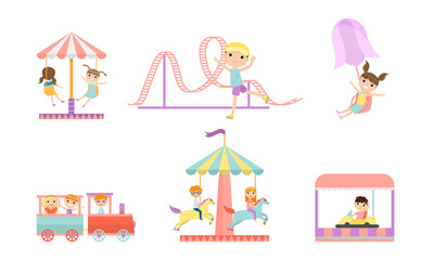 Different carousels in amusement park for children vector illustration