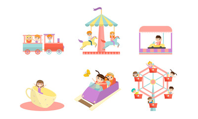 Different carousel types in amusement park for children vector illustration