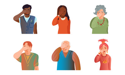 Young and old men and women expressing headache vector illustration
