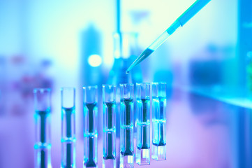 Scientific background in vibrant neon colors, purple, blue and turquoise. Pharma, biotech, protein...