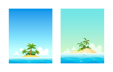 Fototapeta na wymiar Flyer Mock up template for Tour to marine cruise or Travel to island. Vector illustration with tropical landscape and copy space for captions and order.