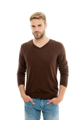 Fototapeta premium Expressing true sense of personal style. Blond man isolated on white. Handsome man. Man with unshaved facial hair and stylish haircut. Caucasian man in casual style. Fashion and style. Menswear