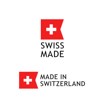 Swiss Made label, sticker with Swiss National Flag on white background. Made in Switzerland warranty sign.