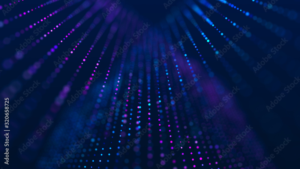 Poster Wave of musical sounds. Abstract background with interweaving of dots and lines. 3D rendering.