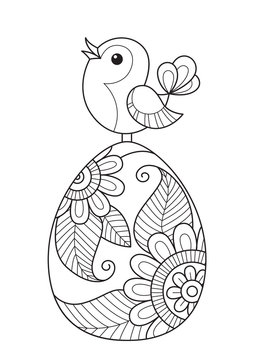 Doodle coloring book page easter egg and bird.
