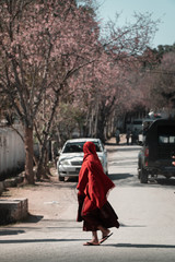 A Buddhist monk walking on street