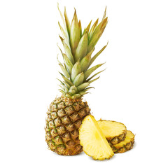 Pineapple Composition. Whole and Cut Pieces of Juicy Ripe Pineapple Isolated on White, Full Depth of Field