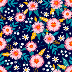 Floral print design. Pattern with cute flowers. Cartoon background. Can be used for printing on fabric and paper and other surfaces. Hand drawn cartoon illustration. 