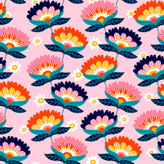 Floral print design. Pattern with cute flowers. Cartoon background. Can be used for printing on fabric and paper and other surfaces. Hand drawn cartoon illustration. 