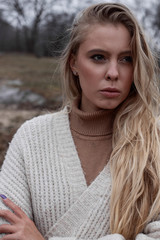  Girl with long hair for a walk in the fall