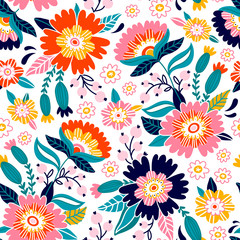 Floral print design. Pattern with cute flowers. Cartoon background. Can be used for printing on fabric and paper and other surfaces. Hand drawn cartoon illustration. 
