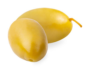 Two green pickled olives isolated on white background