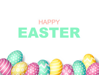 Happy Easter text, colorful eggs background. Easter sale special offer poster, online shopping banner template, holiday greeting card. Realistic Egg frame.