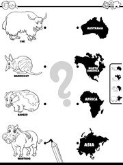 match animals and continents game coloring book