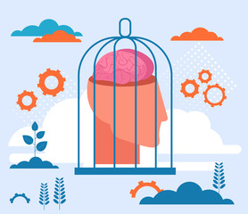 Mind brain in prison. Vector flat cartoon graphic design illustration
