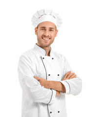 Handsome male chef on white background