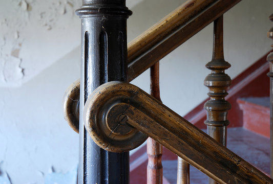 old wooden handrail and stairs, detailed view