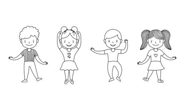 Cute cartoon children girls and boys. Happy childhood. Black line on white background. Vector illustration for coloring book