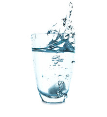 Glass of fresh water with splash on white background
