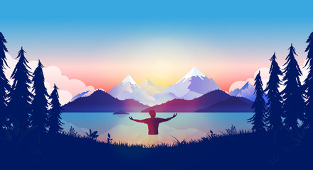 Night bath - man standing in a quiet lake with sunrise over the mountains. Ready to take a cold swim a beautiful morning. Freedom, peaceful, night activity concept. Norwegian landscape illustration.