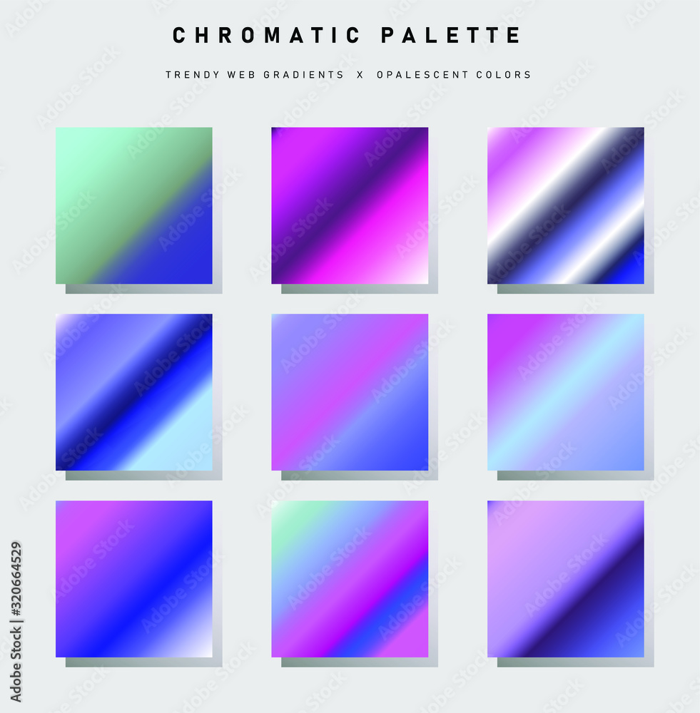 Poster Set of trendy chromatic gradient swatches. Holographic gradient collection for web design and art.