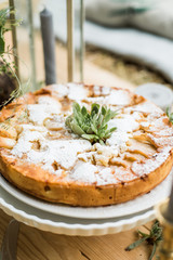 Mint decorated apple pie. Picnic in the style of boho.