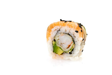 traditional japanese food sushi. tempura sushi maki with shrimp and avocado isolated on white background