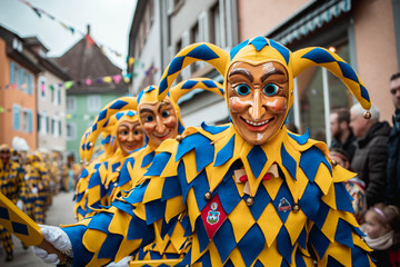 Bajass aus Waldkirch - fröhliche Narrenfiguren in gelb-blauem Gewand marschieren in einer großen...