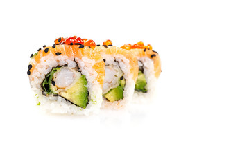 traditional japanese food sushi. tempura sushi maki with shrimp and avocado isolated on white background