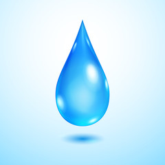 One big realistic translucent water drop in blue colors with shadow