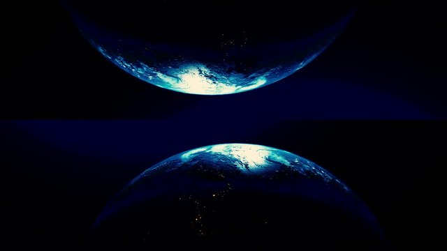 Abstract breathtaking cosmic background with the two halves of planet Earth, seamless loop. Animation. Realistic world globe spinning slowly in outer space.