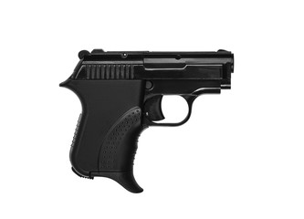 Small black modern pistol. Ladies' pistol. Weapons for hidden wearing.