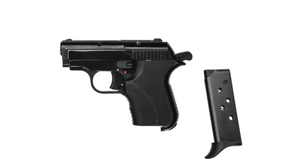 Small black modern pistol. Ladies' pistol. Weapons for hidden wearing.