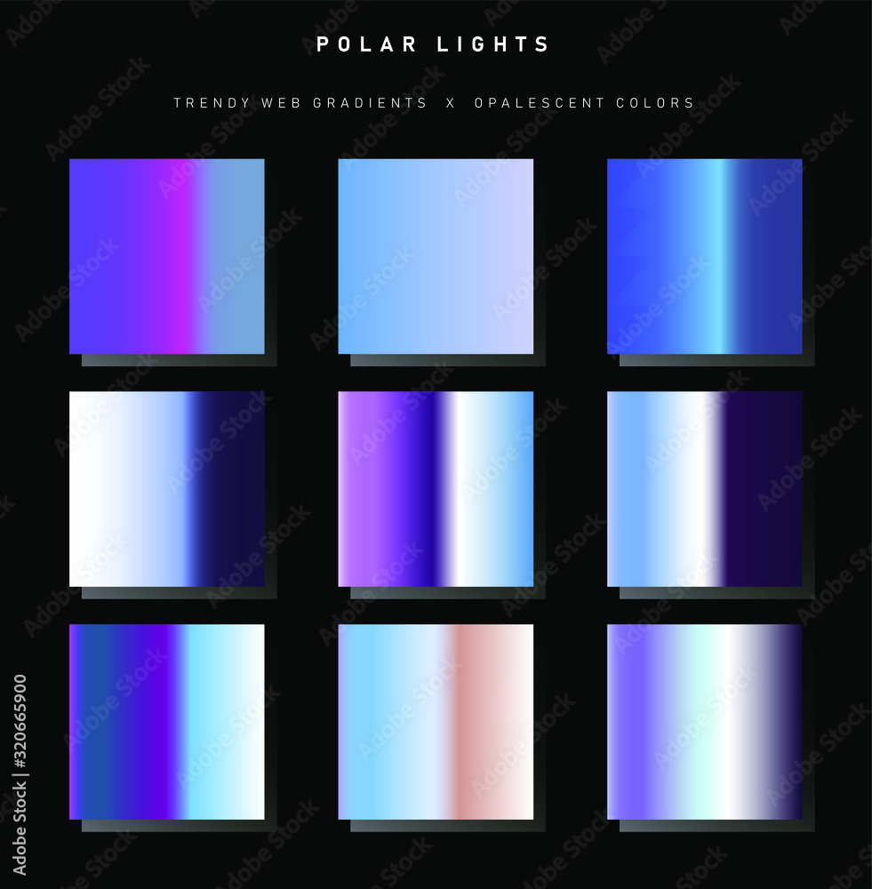 Poster Set of trendy chromatic gradient swatches. Holographic gradient collection for web design and art.