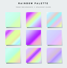 Set of trendy pastel swatches. Holographic gradient collection for web design and art.