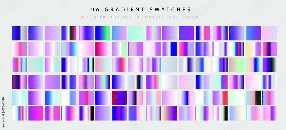 Poster big set of trendy holographic gradient swatches. opalescent neon gradient collection for web design 