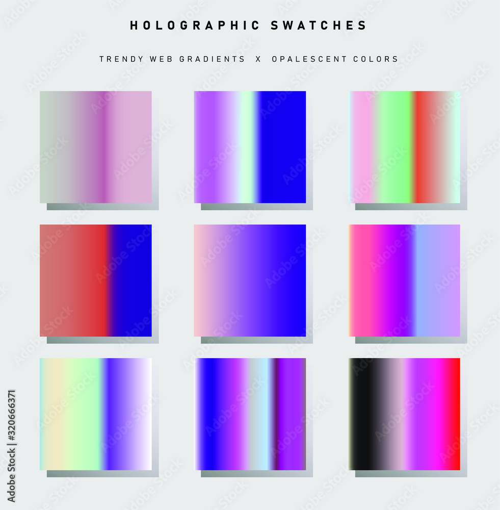 Poster Big set of trendy holographic gradient swatches. Opalescent neon gradient collection for web design and art.