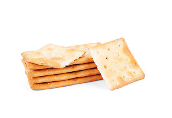 Close up healthy whole wheat cracker on white background , top view or overhead shot