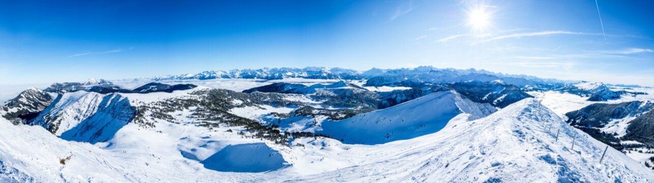 beautiful mountain panorama snow covered swiss alps. panoramic picture of the snowy mountains in switzerland