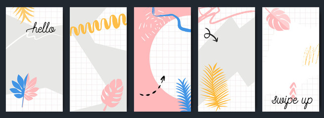 Stories template set with abstract geometry brush strokes and scribbles. Tropical leaves and squared paper collage. Pink, blue and yellow colors. Social media design customizable layout.
