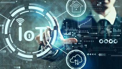 IoT theme with businessman on a dark vintage background