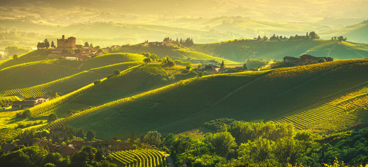 Langhe vineyards sunset panorama, Grinzane Covour, Piedmont, Italy Europe.