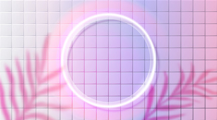 Neon circle frame, glowing lamp border on pink ceramic wall. Blurred palm leaves shadow overlay. Trendy futuristic background.