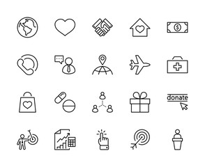 Fototapeta premium International Day for the Poor Vector Line Icons Set. Contains such Icons as Heart, planet Earth, Handshake, money, Donate, Medicines, Plane and more. Editable Stroke. 32x32 Pixels