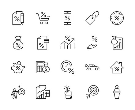 Set of Credit and Loan Related Vector Line Icons. Contains such Icons as Credit Card, Rate Calculator, Deposit and more. Editable Stroke. 32x32 Pixels